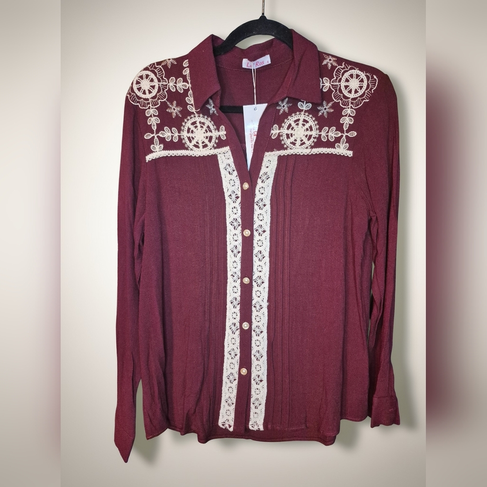 Elegant Maroon Embroidered Button Down Shirt - Picture 6 of 9